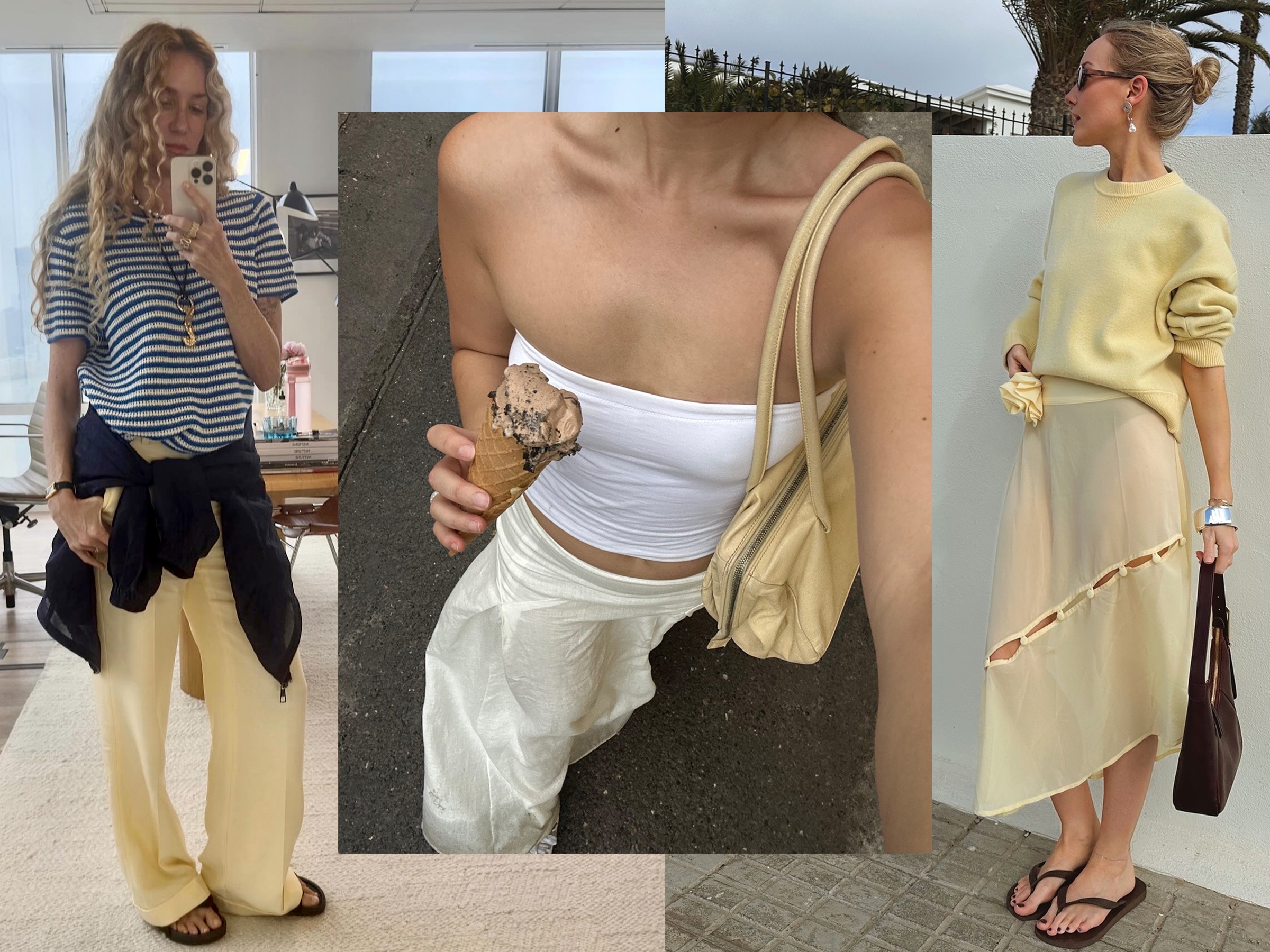 Fashion collage featuring Olympia Gayot, Jordan Risa, and Chloe Butler wearing chic summer outfits with butter-yellow pieces like linen pants, a shoulder bag, a crewneck sweater, and skirt.