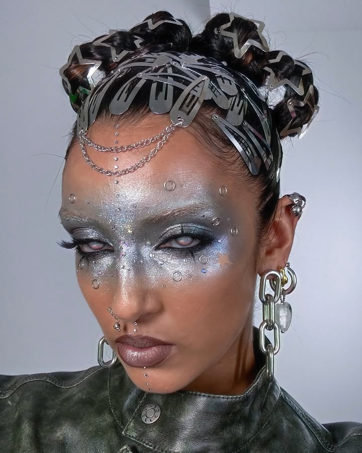 An editorial maximalist makeup look by makeup artist Rowi Singh.