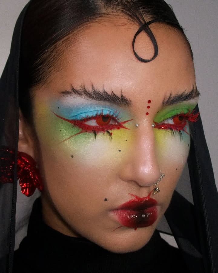 An editorial maximalist makeup look by makeup artist Rowi Singh.