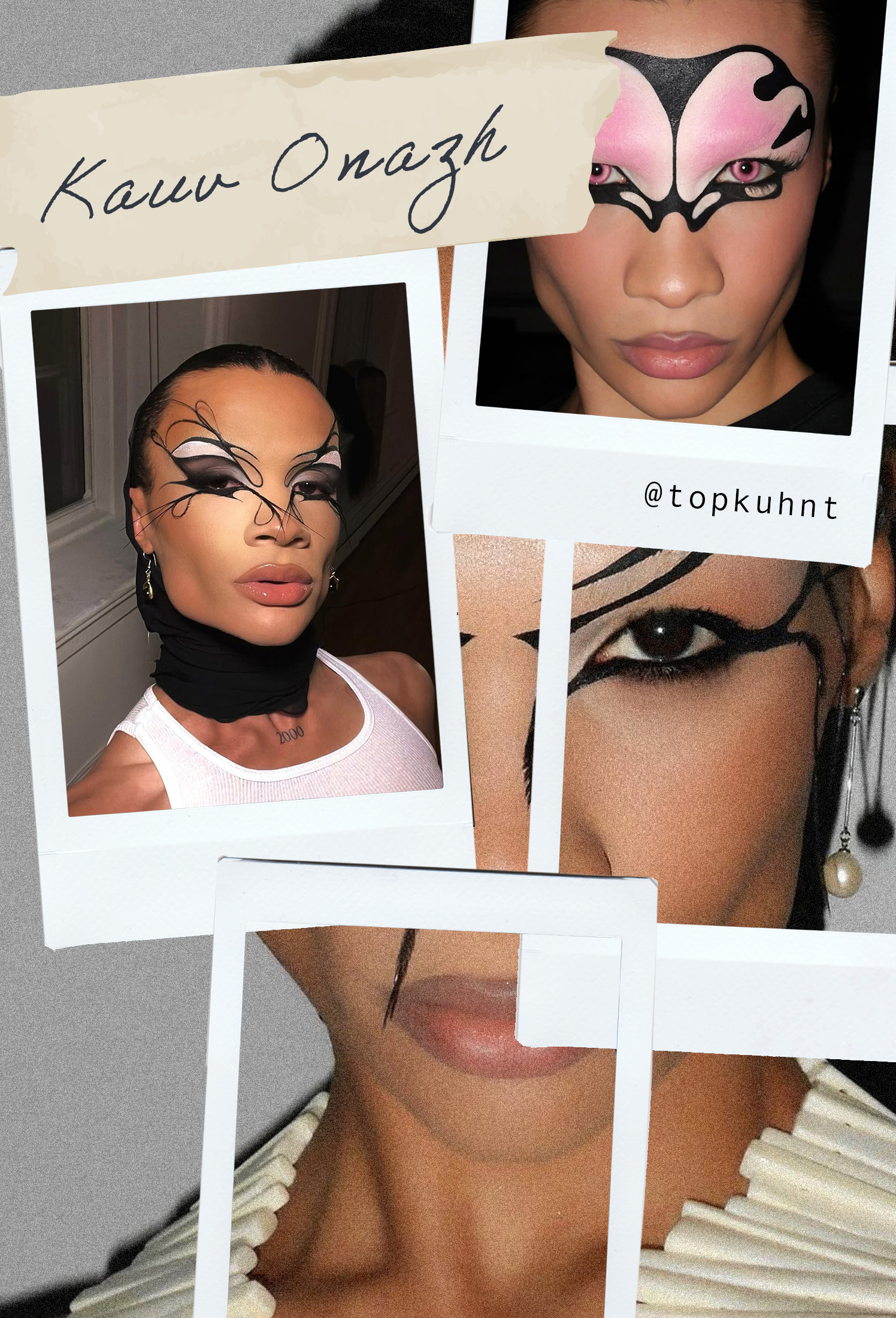 Collage of maximalist makeup looks worn and created by Kauv Onazh.