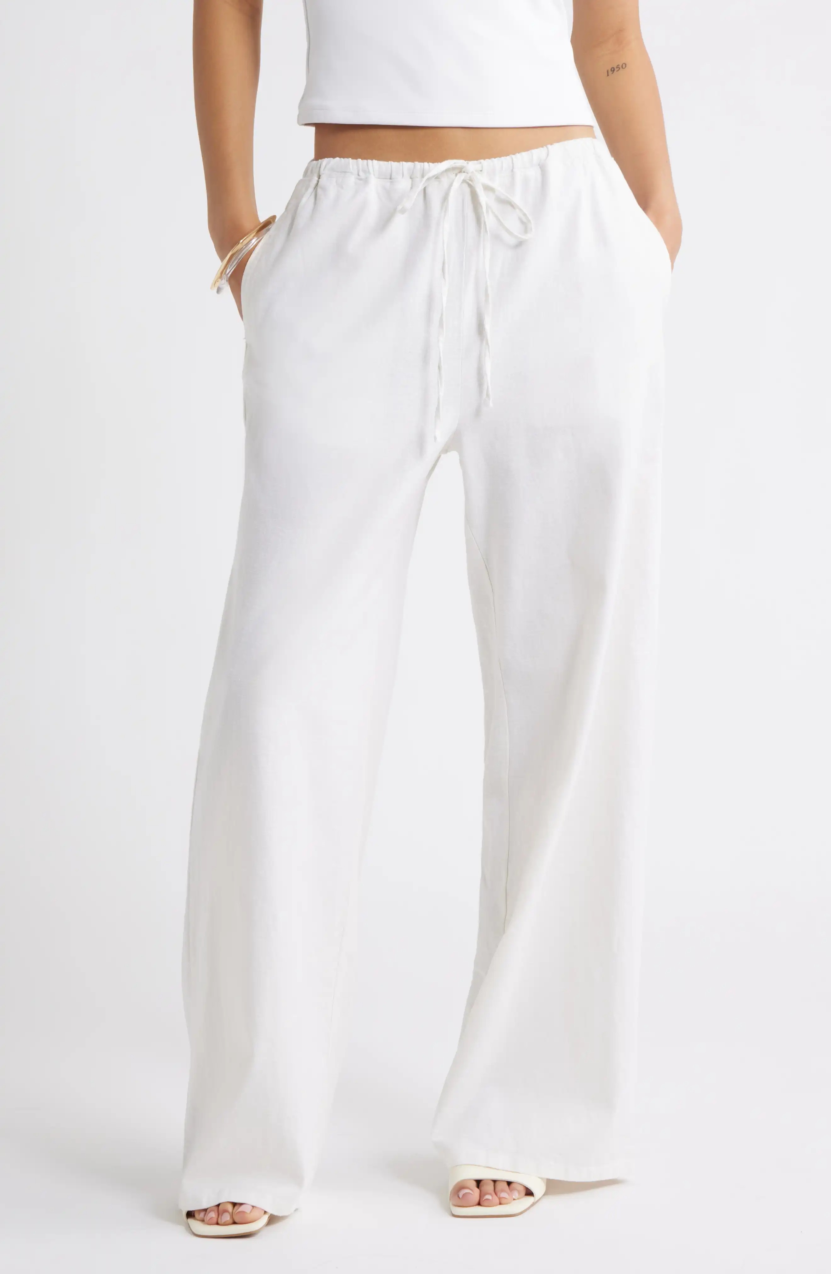 Wide Leg Pull-On Linen Blend Pants