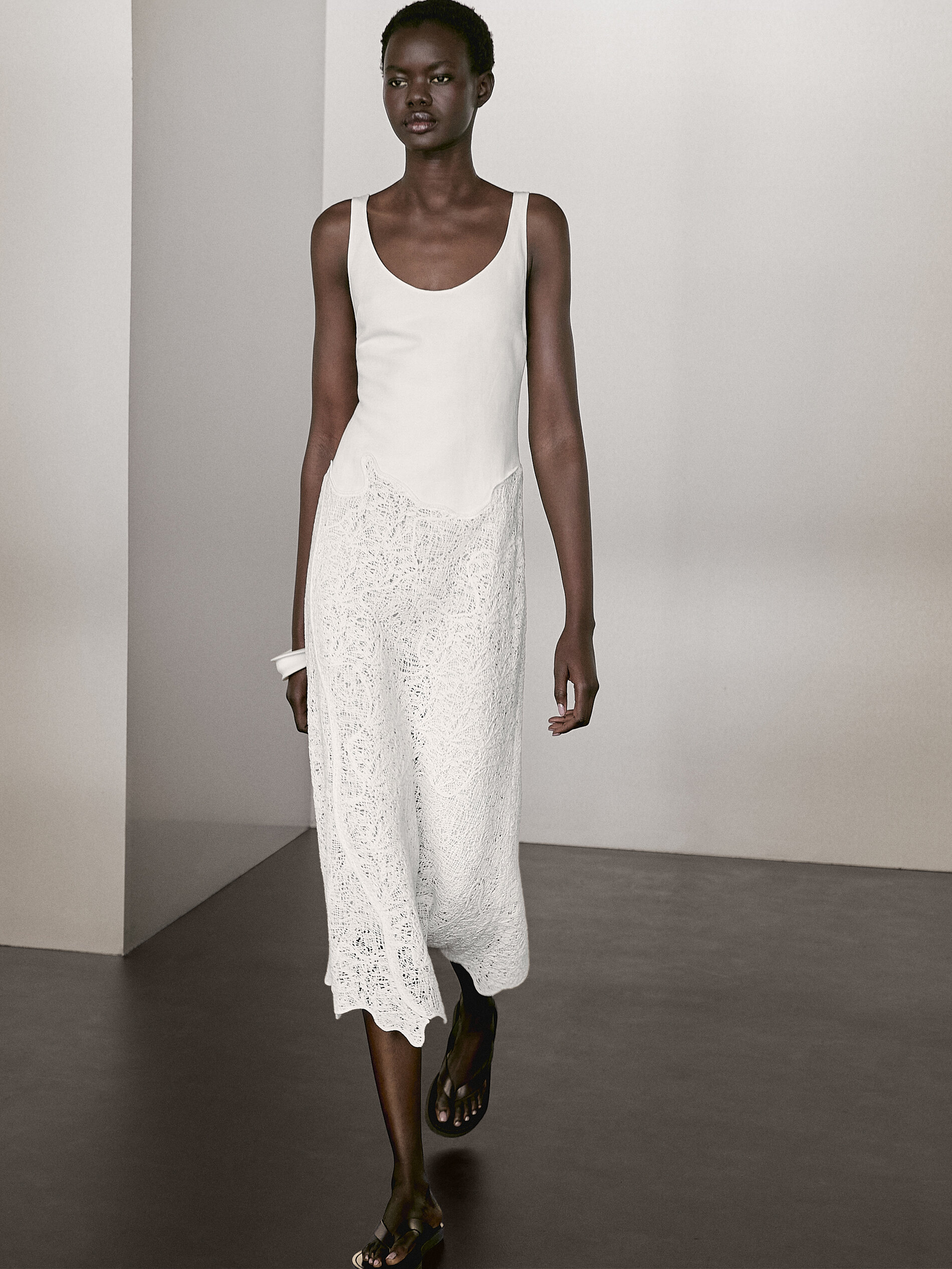 Cotton Blend Flounce Midi Dress