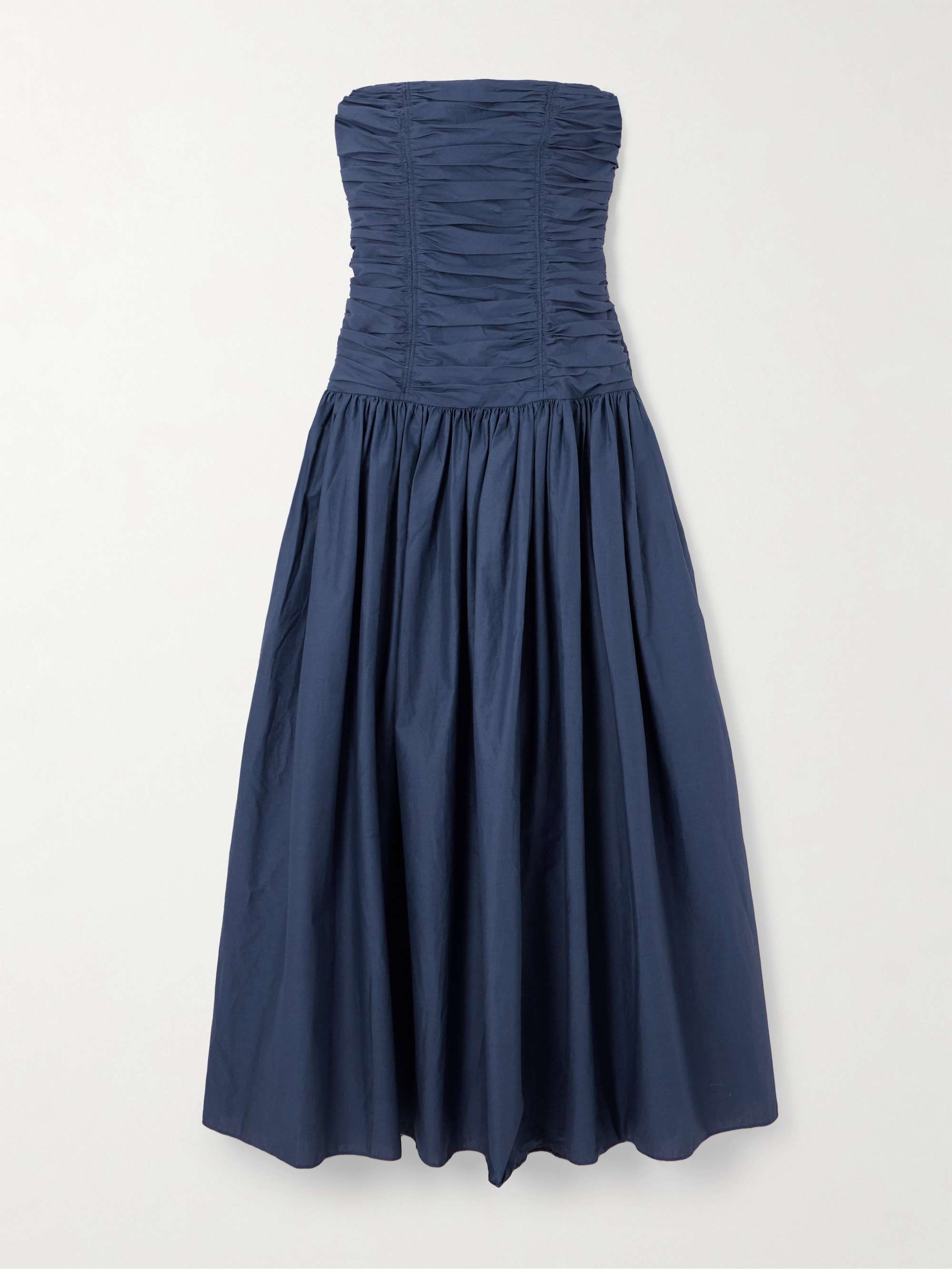Strapless Ruched Organic Cotton-Poplin Midi Dress