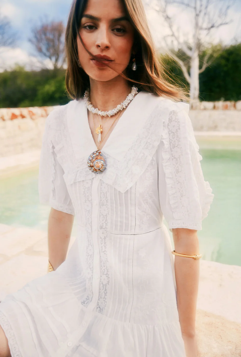 An image of a white waisted mini dress from Rixo.