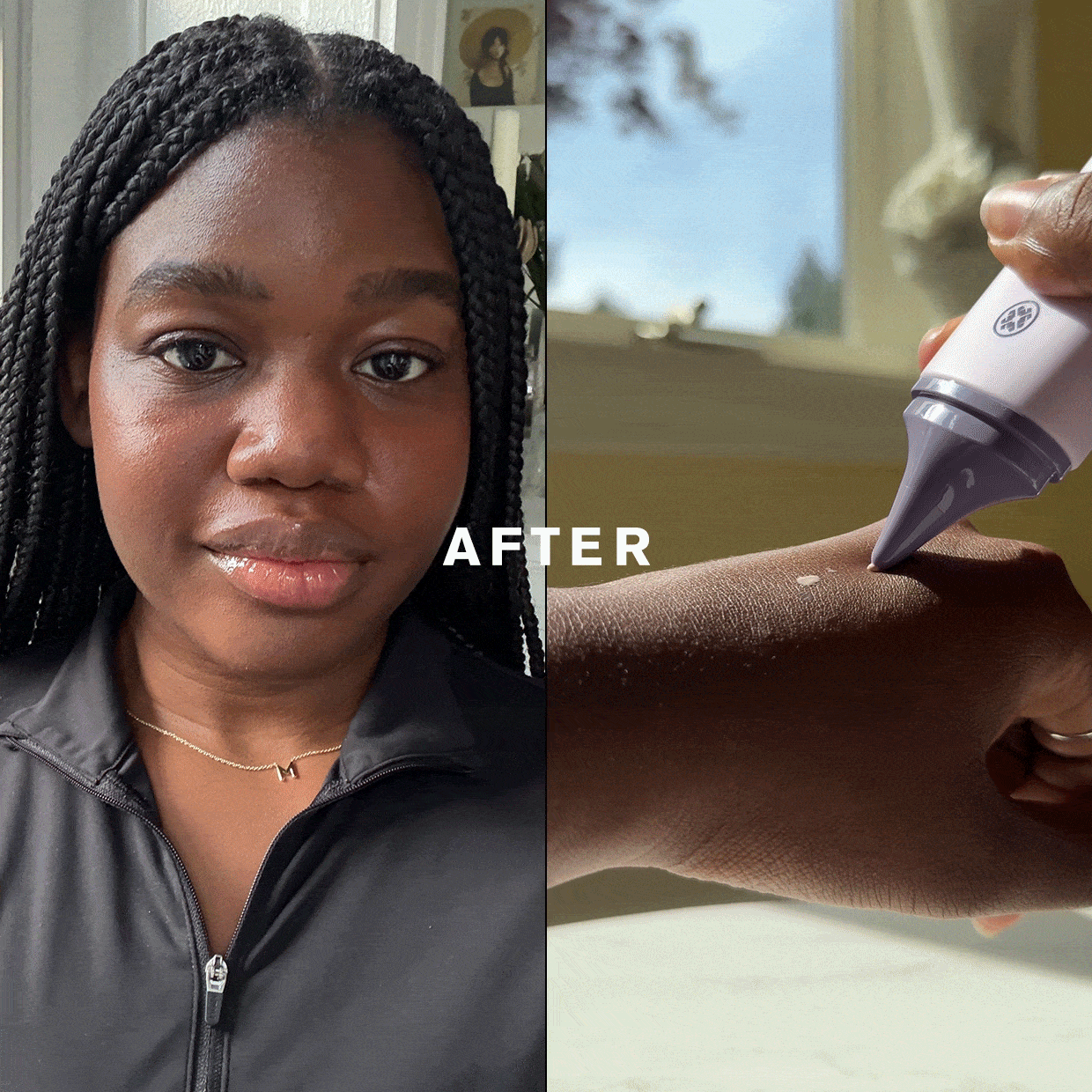 Maya Thomas after applying Tatcha's The Silk Sunscreen SPF 50 Weightless Mineral Sunscreen