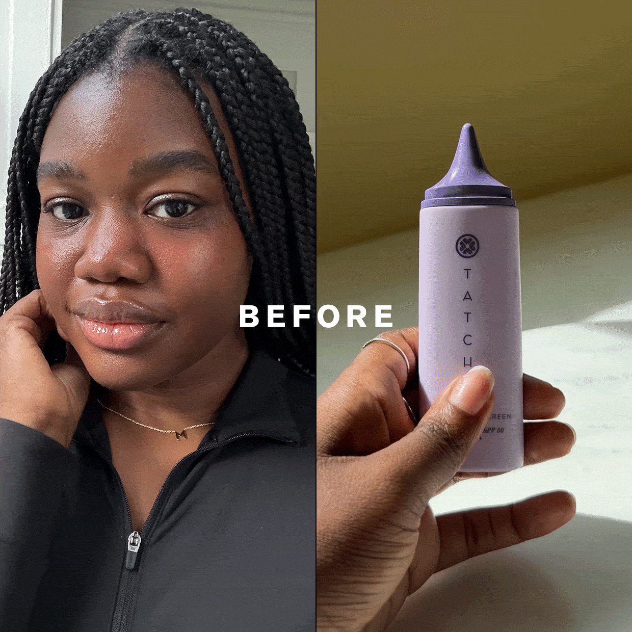 Maya Thomas before applying Tatcha's The Silk Sunscreen SPF 50 Weightless Mineral Sunscreen