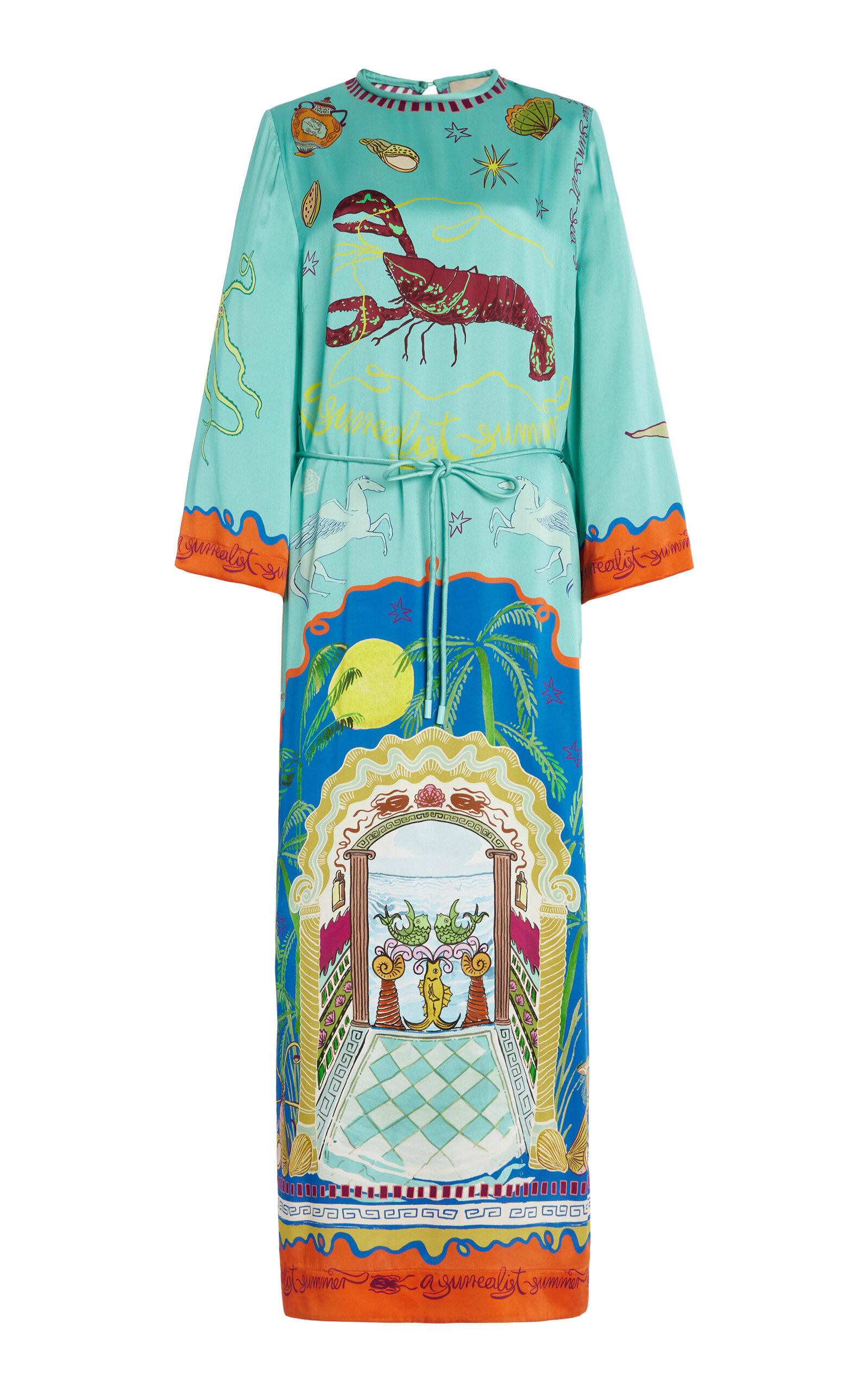 Surrealist Summer Silk Satin Midi Dress