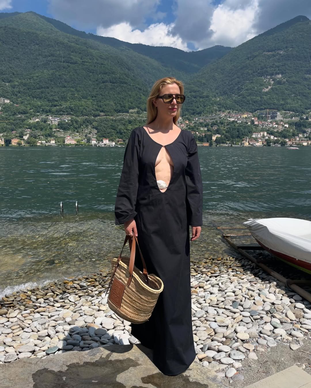Kerry Pieri wearing the Marlies Grace Ocean dress in Lake Como.