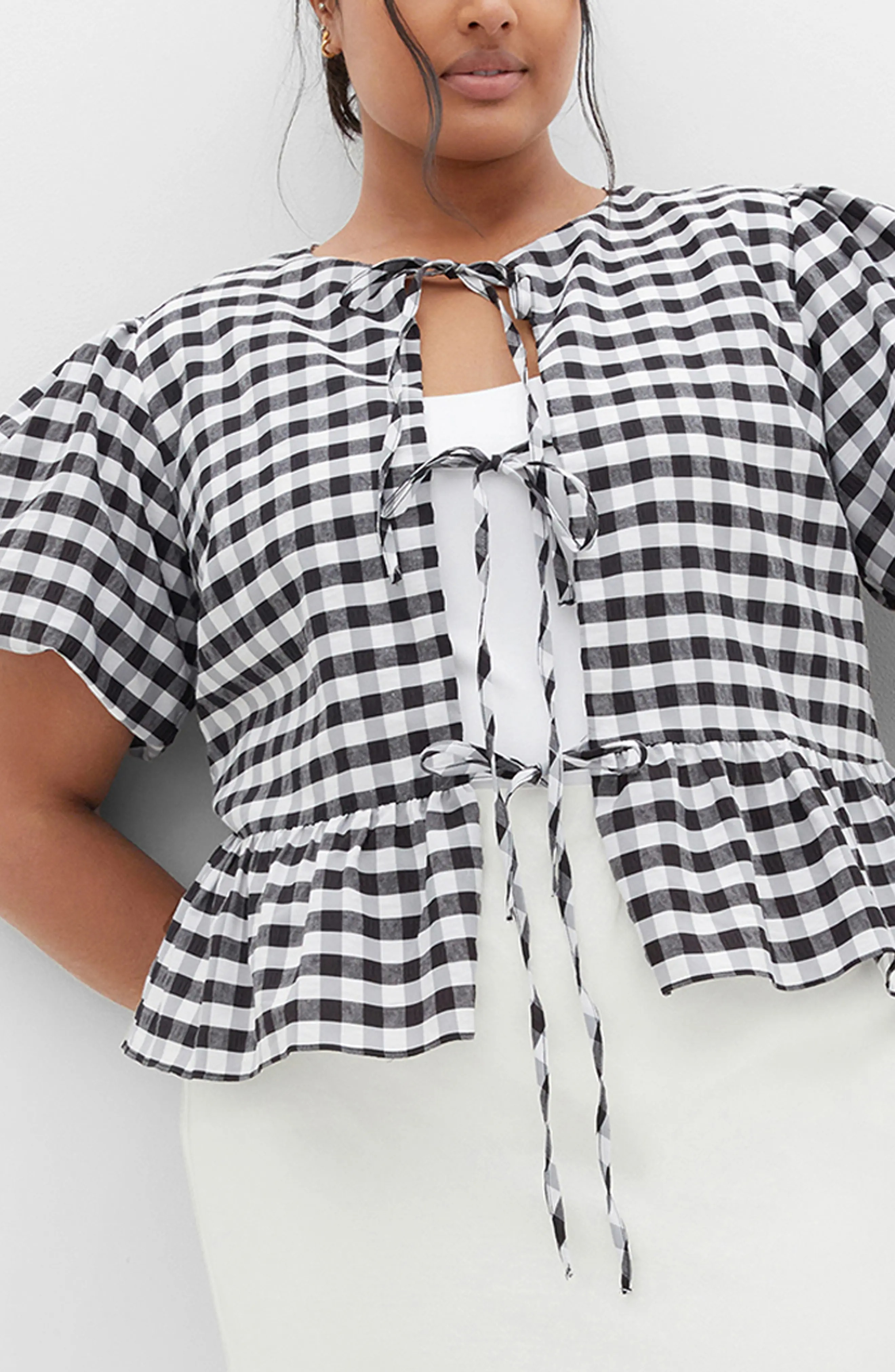 Jolie Check Tie Front Peplum Top