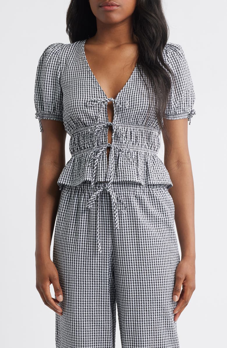 X Styled by Coco! Nina Gingham Seersucker Tie Front Top