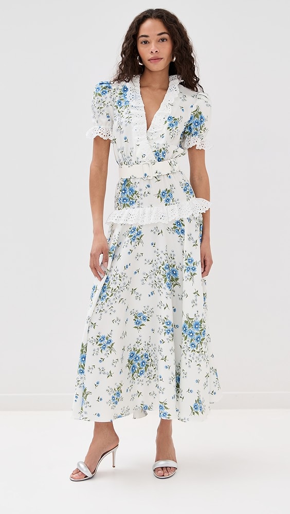Rodarte White and Blue Daisy Silk Short Sleeve Silk Dress With Eyelet Ruffle Detail and Belt