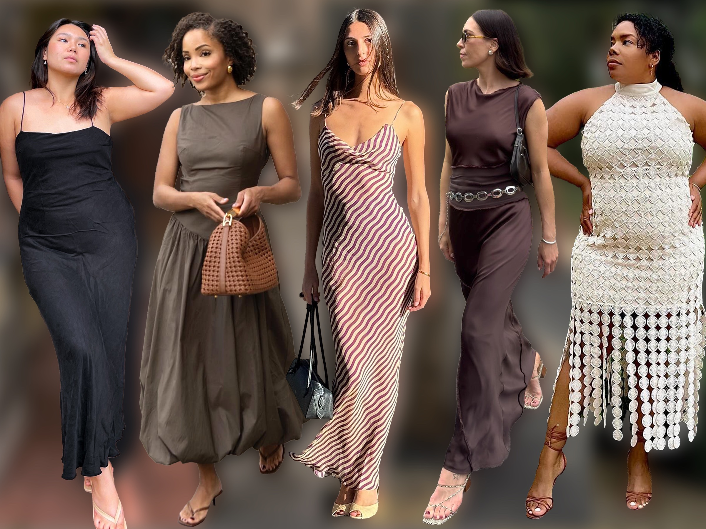 fashion collage featuring 5 stylish influencers including Marina Torres, Ellie Delphine, Salomé Mory, Jessica Skye, and Chloé Pierre wearing chic neutral wedding guest shoes