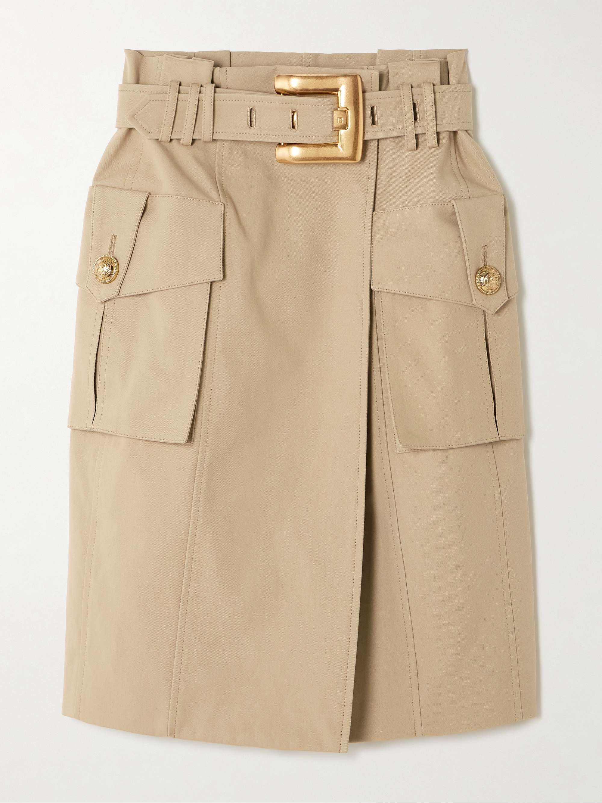Belted Wrap-Effect Button-Embellished Cotton-Gabardine Skirt