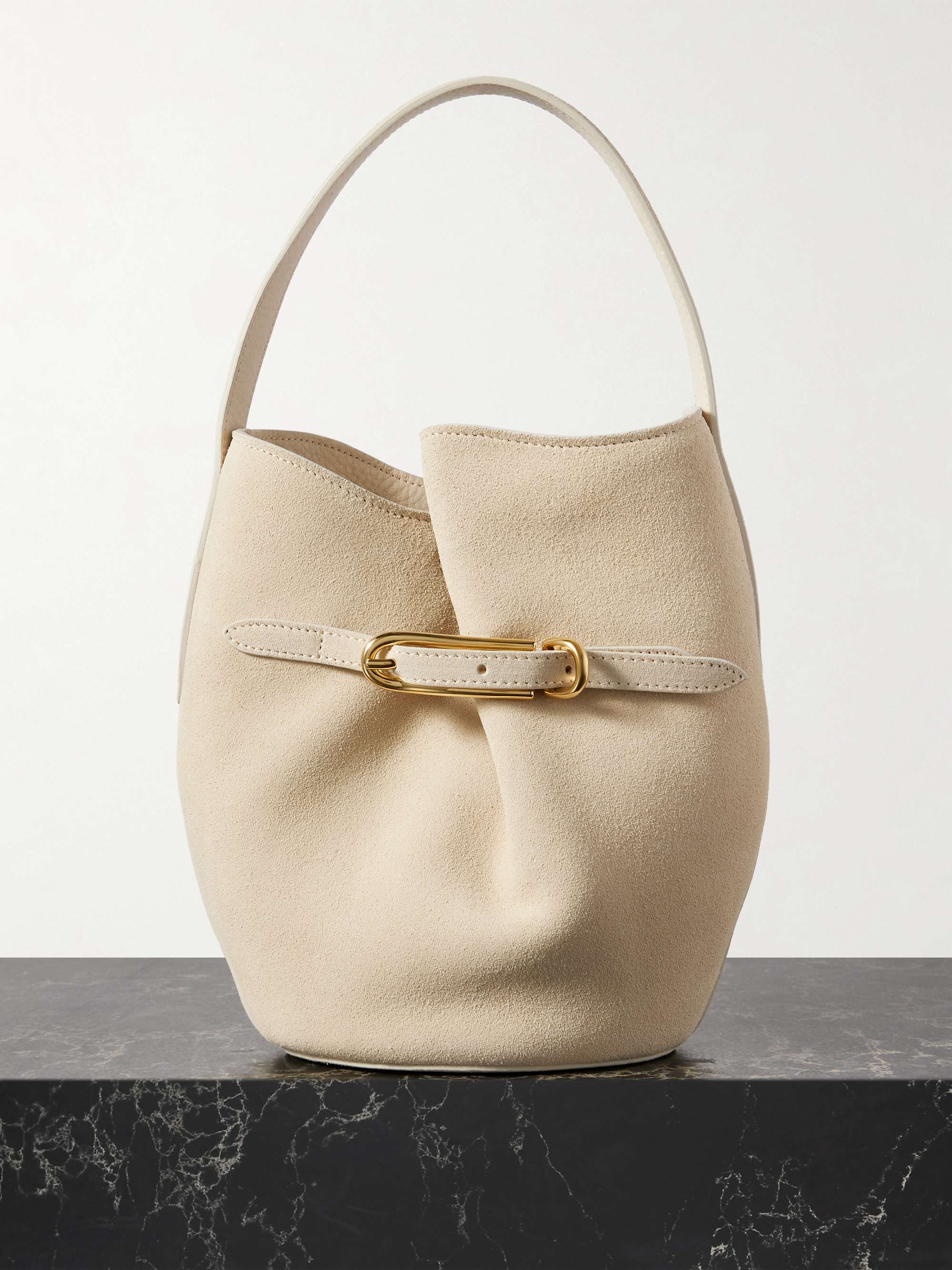 Buckled Suede Bucket Bag