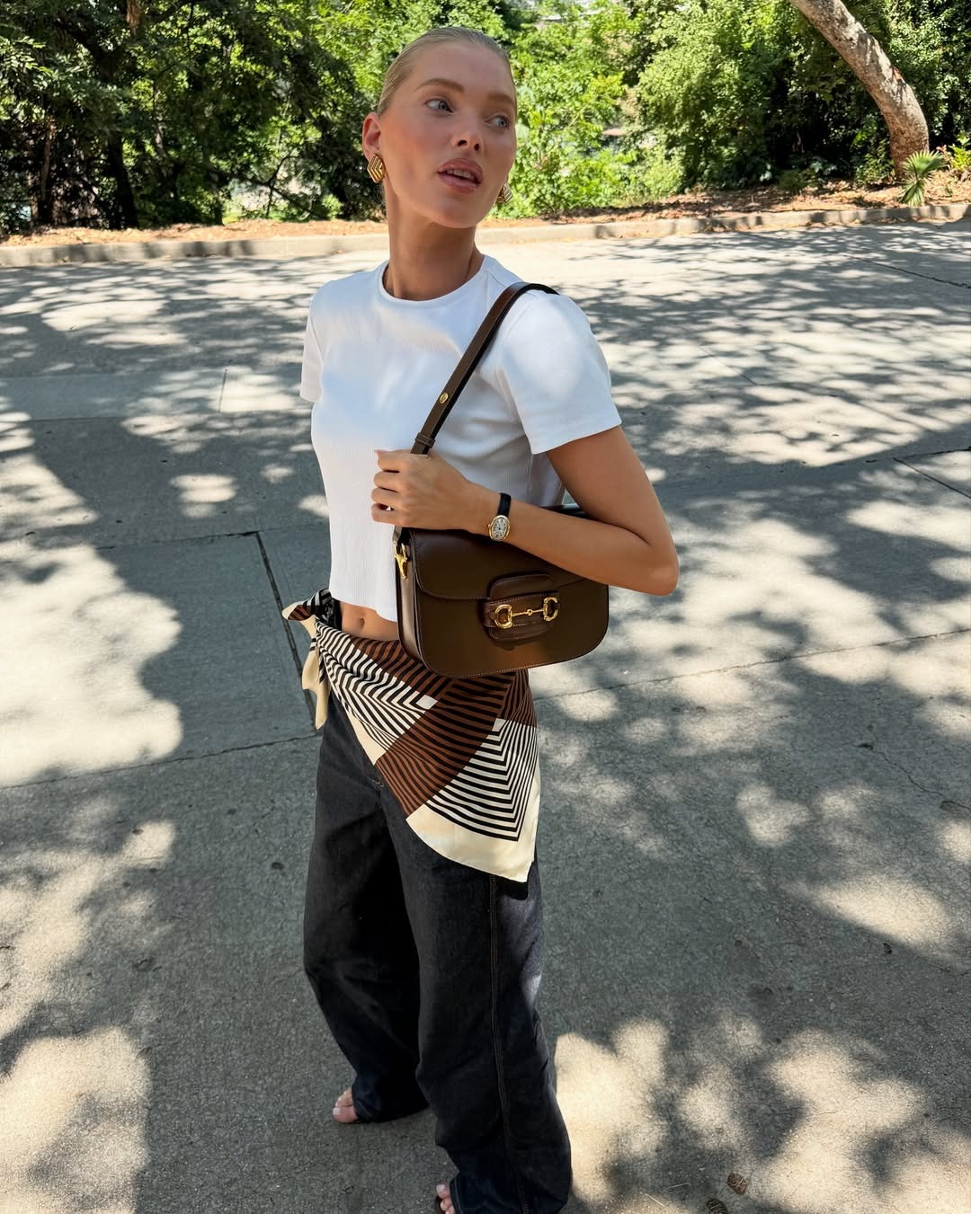 Elsa Hosk wearing a printed scarf