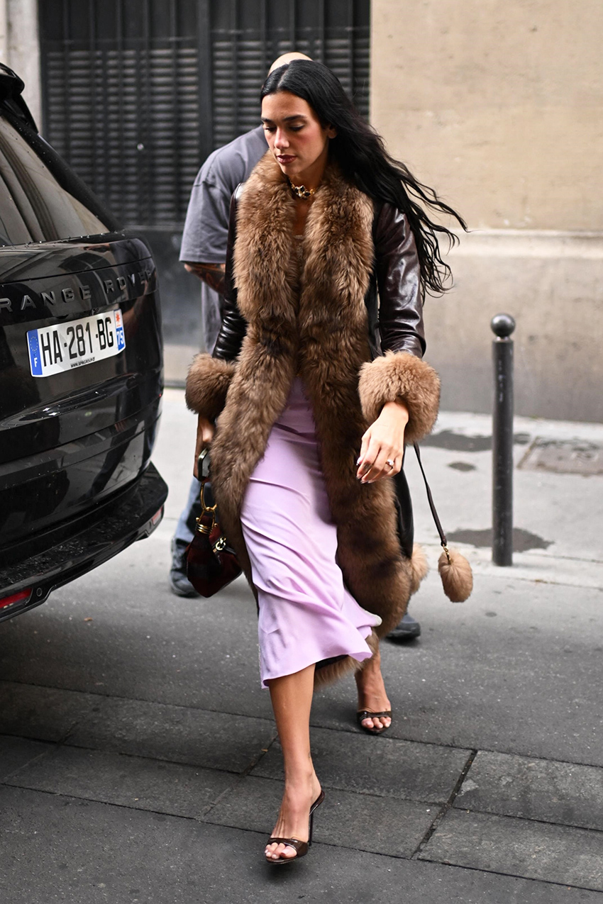 Dua Lipa wearing a chocolate brown leather and fur coat with a pale pink dress