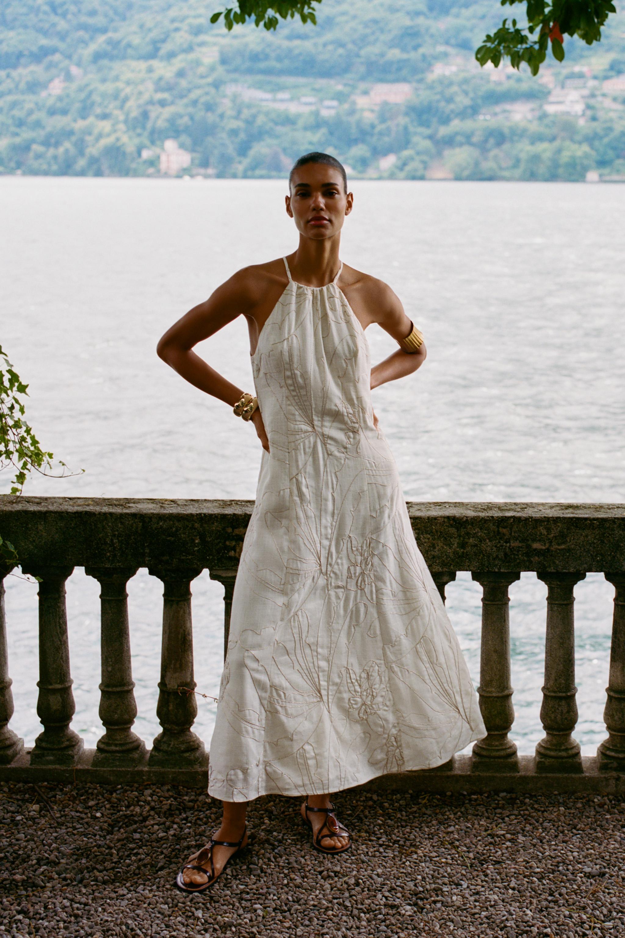Halter Dress With Floral Embroidery