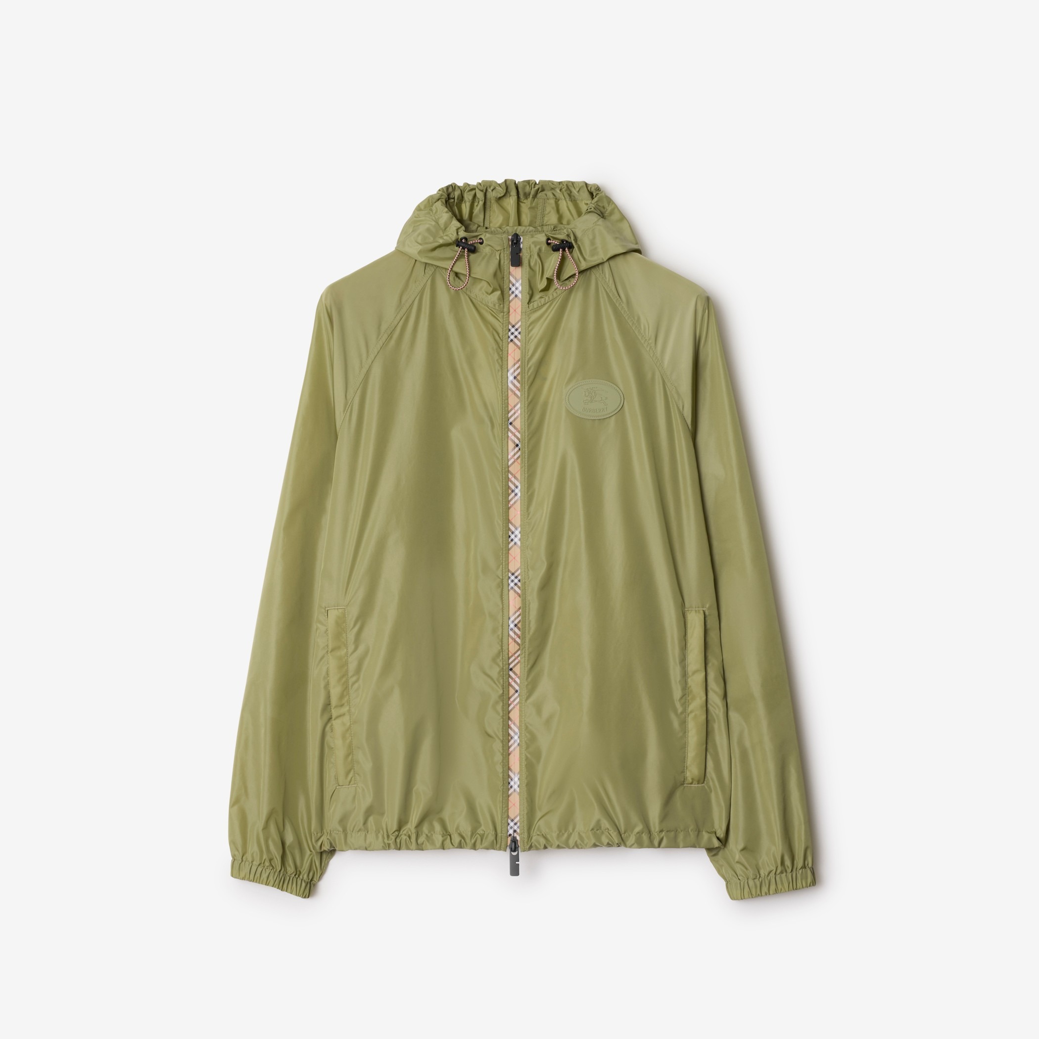 Burberry, Check Trim Nylon Hooded Jacket in Wreath Green 