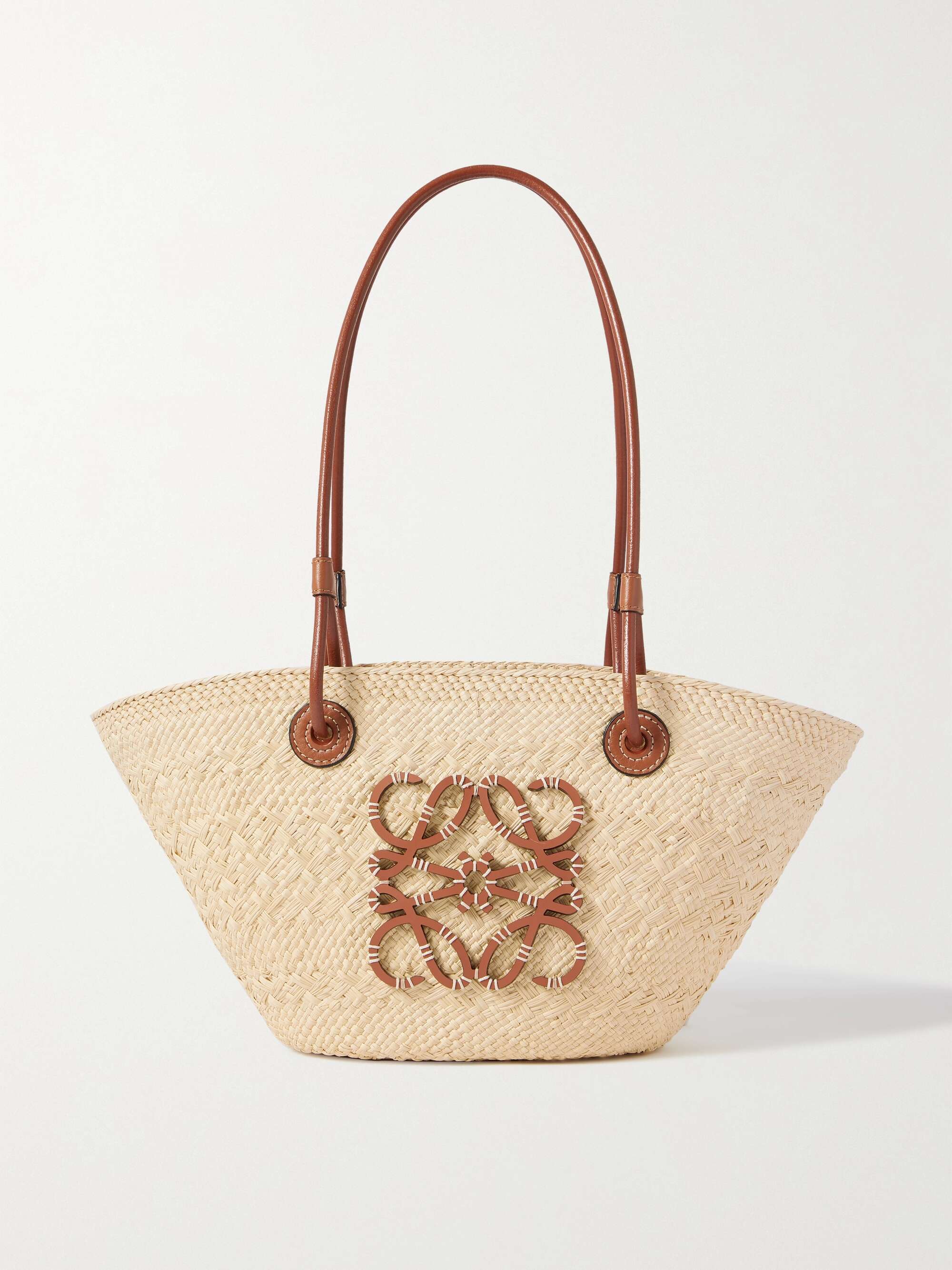 + Paula's Ibiza Anagram Small Leather-Trimmed Woven Raffia Tote