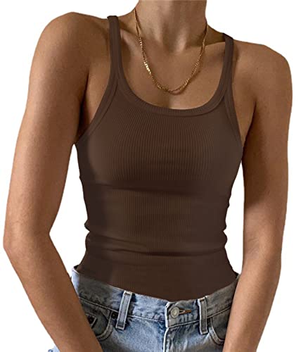 Artfish Women's Sleeveless Full Tank Top Form Fitting Scoop Neck Ribbed Knit Basic Tight Fitted Cami Mocha Brown, S