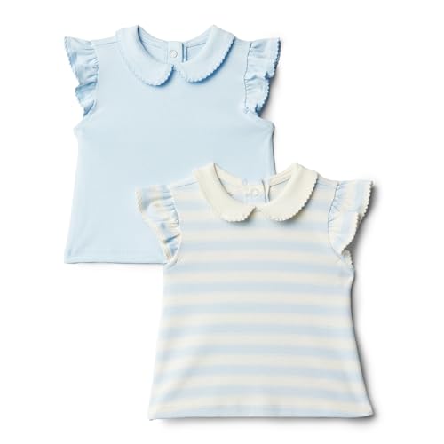 Amazon Essentials X Sofia Grainge Toddler Girls' Short Sleeve Blouse, Pack of 2, Light Blue/stripe, 3t