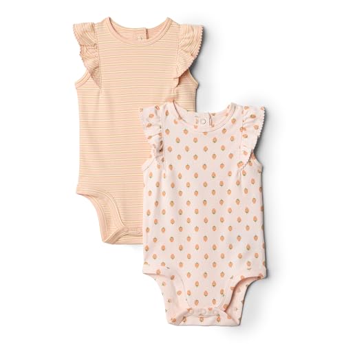 Amazon Essentials X Sofia Grainge Baby Girls' Embroidered Ruffle Bodysuit, Pack of 2, Strawberry/stripe, 24 Months