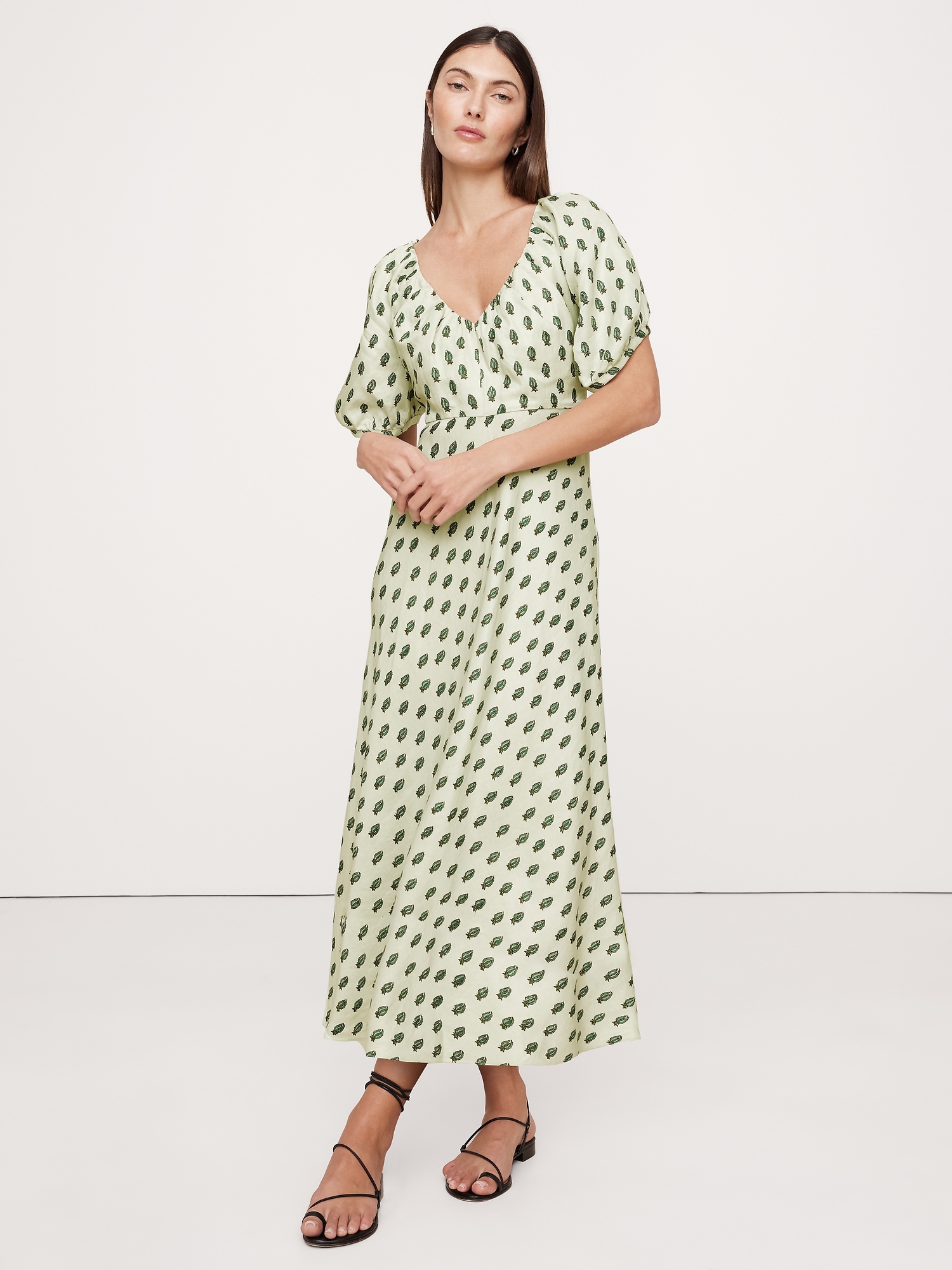 Viscose-Linen Ruched Long Midi Dress