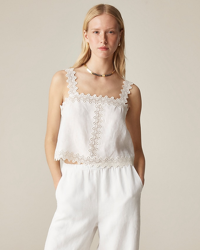 Lace-Trim Squareneck Tank Top in Linen