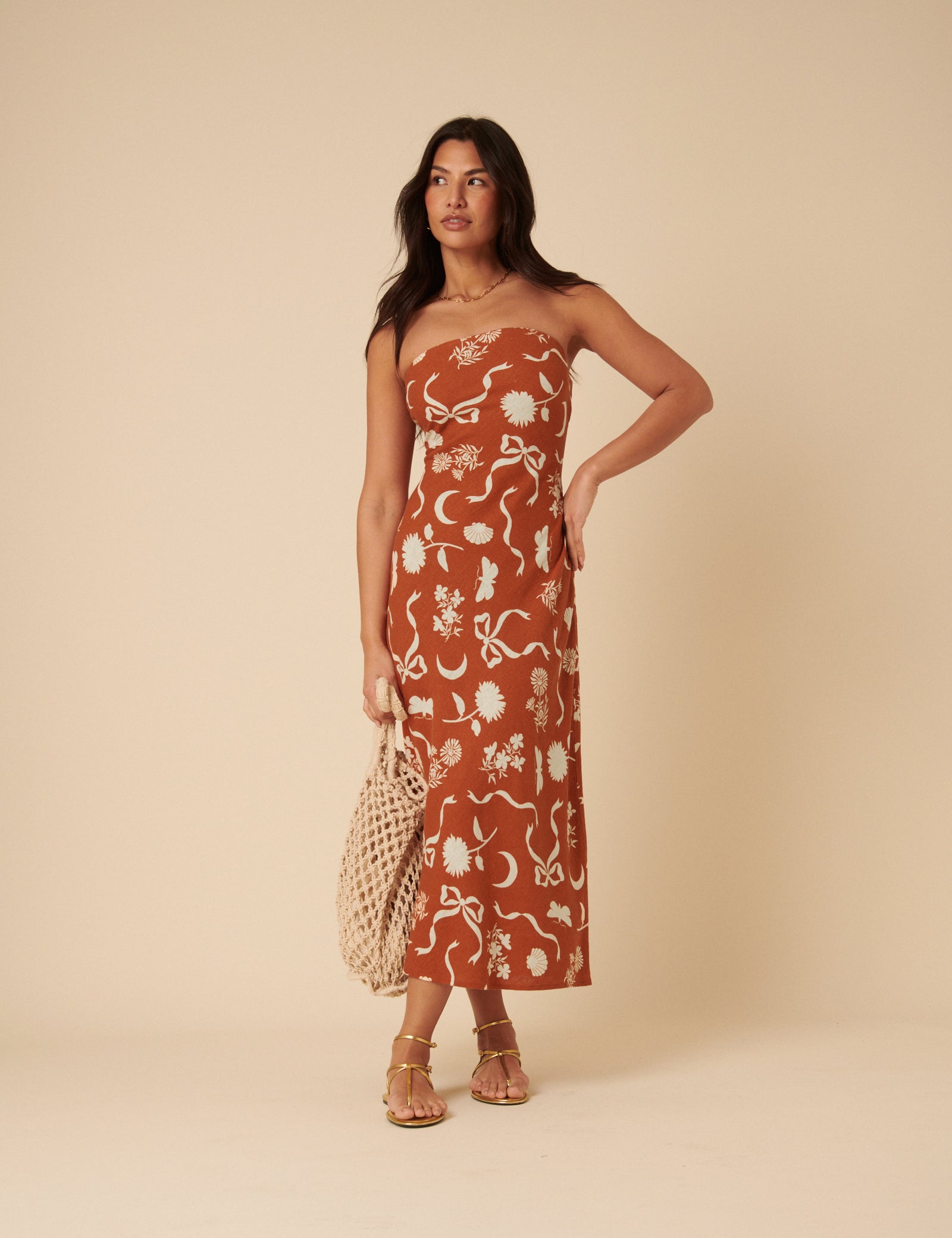 Brown Printed Linen-Blend Bandeau Evie Midi Dress