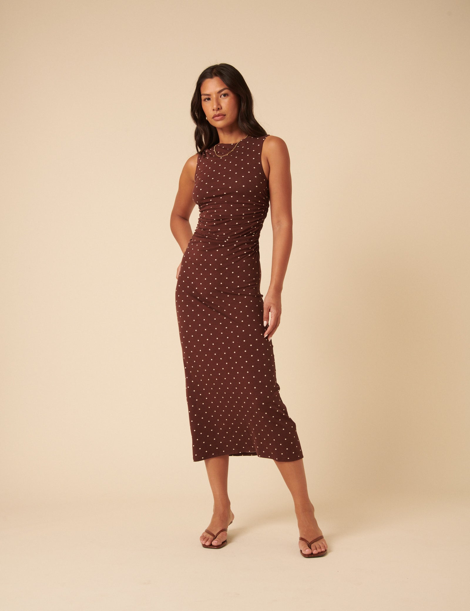 Brown Polka Dot Sleeveless Dress