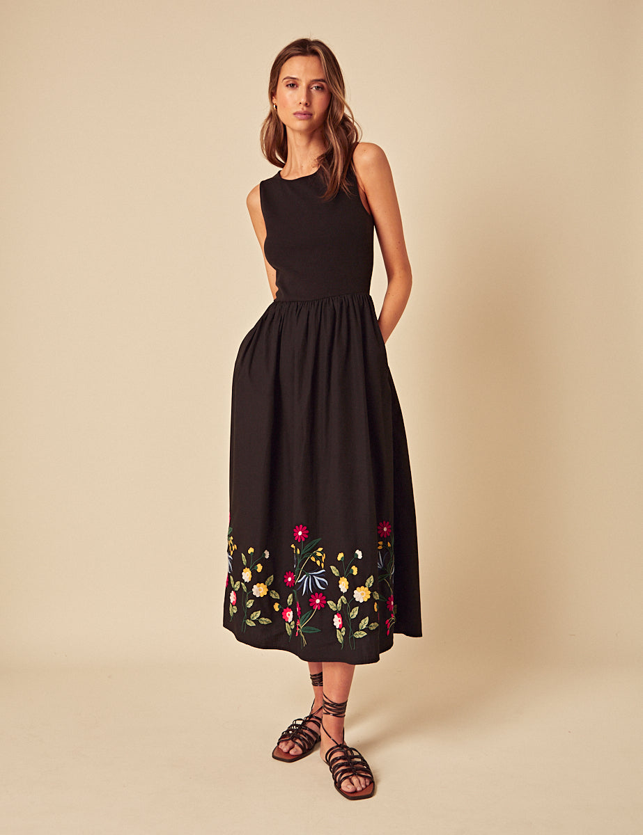 Black Floral Embroidered Hem Midi Dress