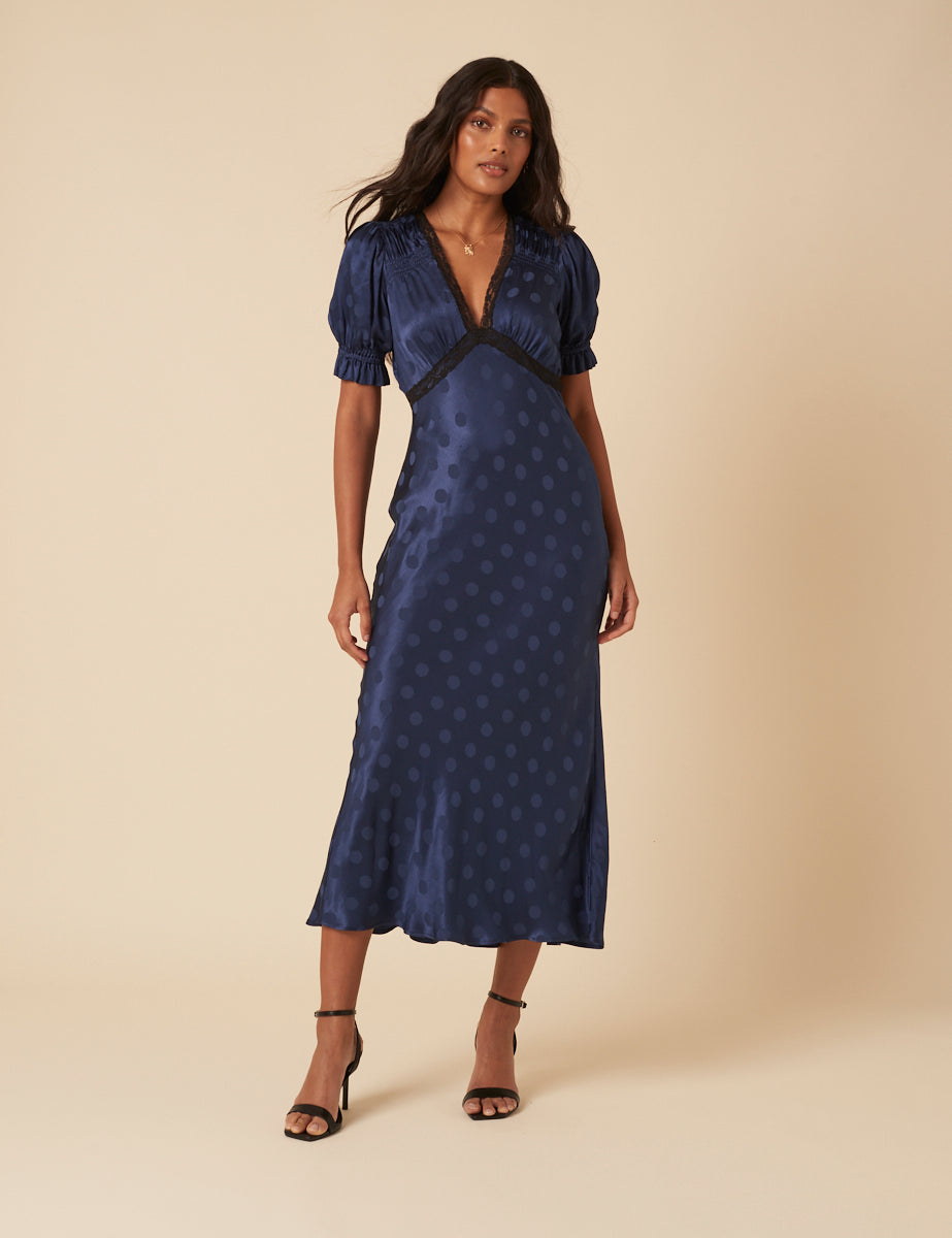 Navy Polka Dot Jacquard Angela Midi Dress