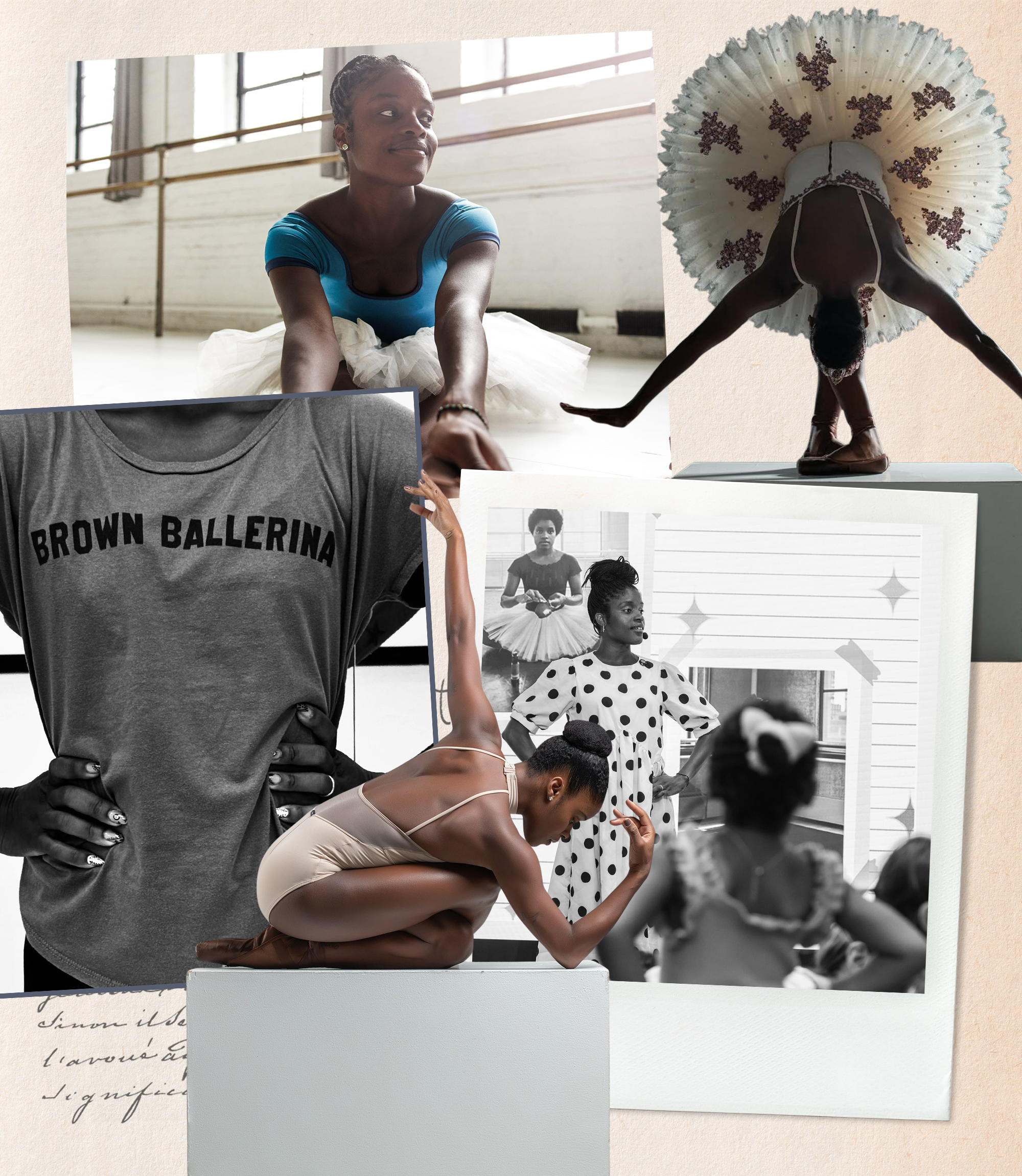 A collage of Ingrid Silva dancing in a photo shoot, rehearsing with the Dance Theatre of Harlem, and teaching young Brazilian dancers in a recent dance workshop