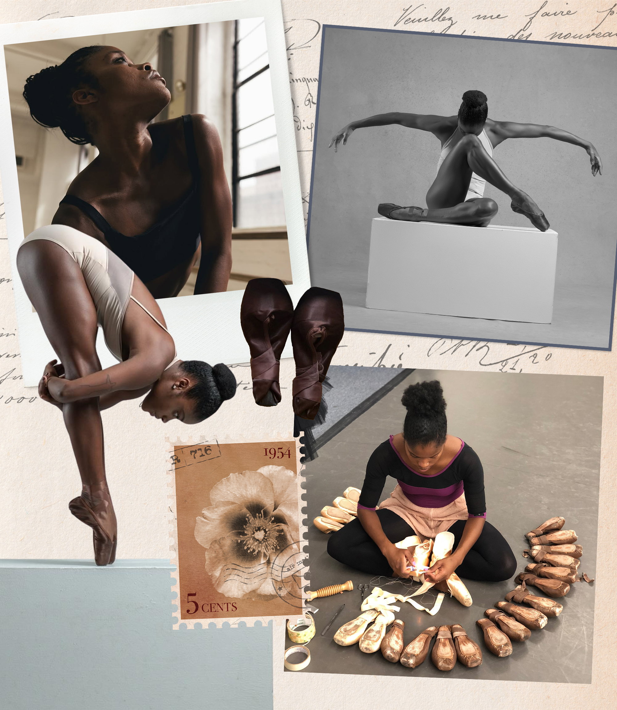 Ingrid Silva dancing in a photo shoot, rehearsing with Dance Theatre of Harlem, and prepping her pointe shoes in a studio