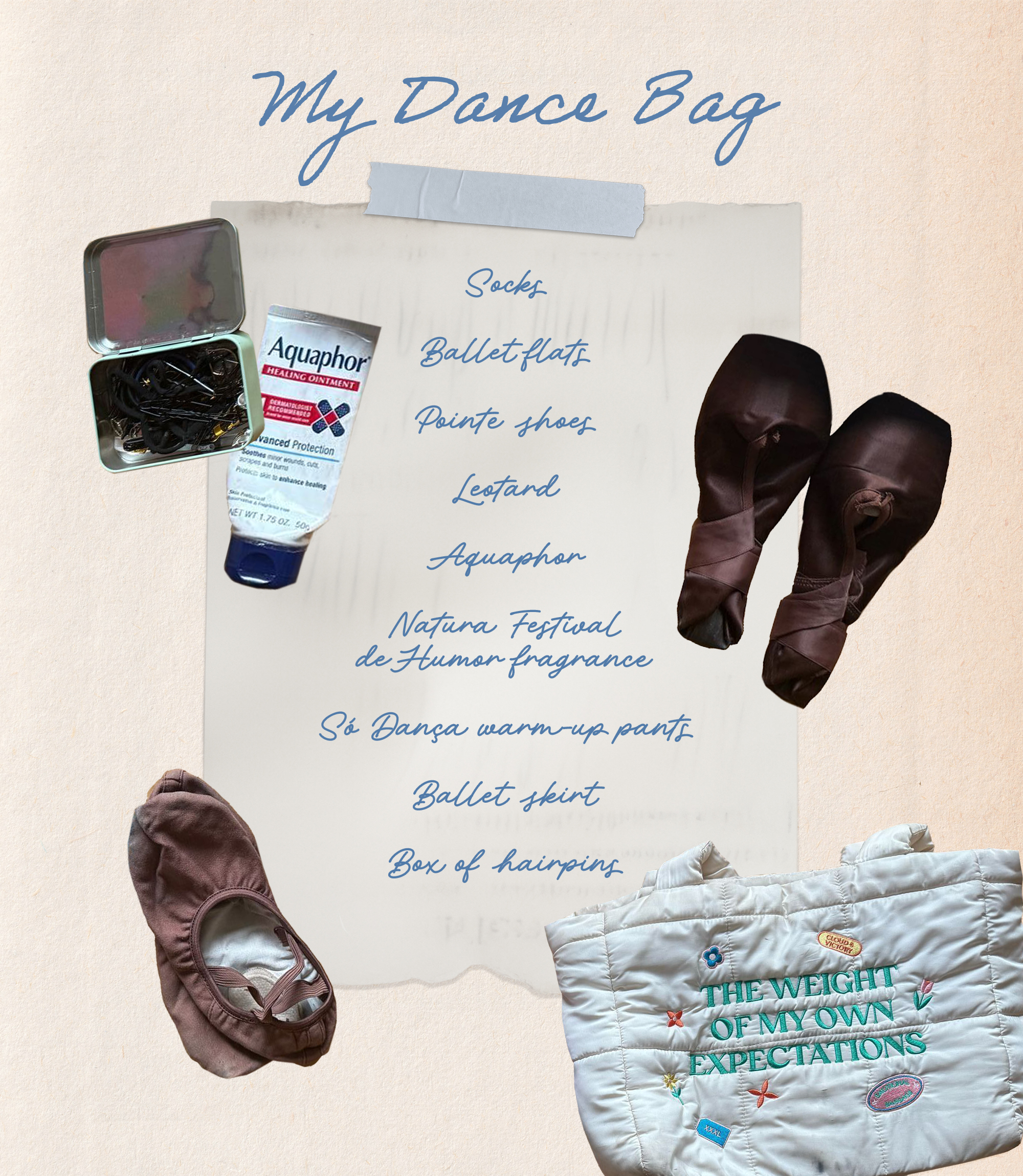 Ingrid Silva's dance bag and its contents (Aquaphor Healing ointment, hair accessory tin, pointe shoes, and ballet shoes)