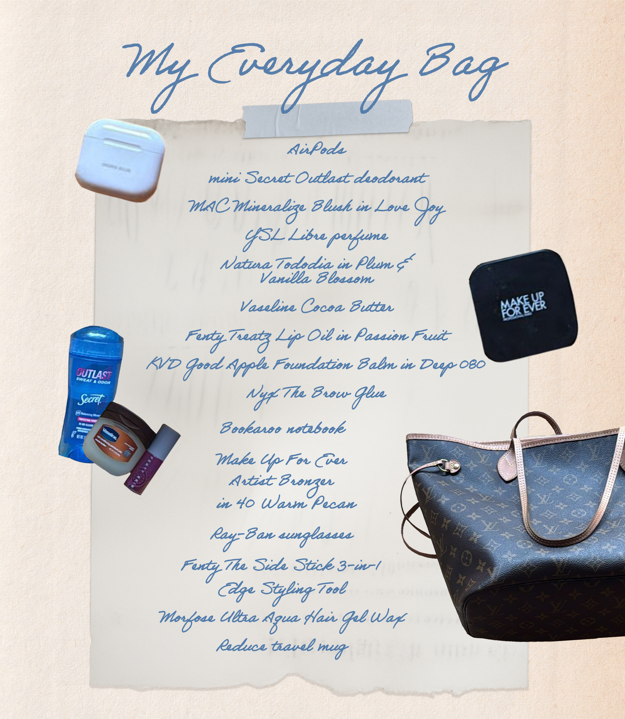 Ingrid Silva's Louis Vuitton bag and its contents (an AirPods case, Make Up For Ever Artist Longwear Skin-fusing Matte Powder Bronzer, Secret deodorant, Vaseline Cocoa Butter Healing Petroleum Jelly, and Fenty Treatz Lip Oil)