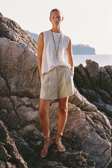 High-Waist Linen Blend Bermuda Shorts