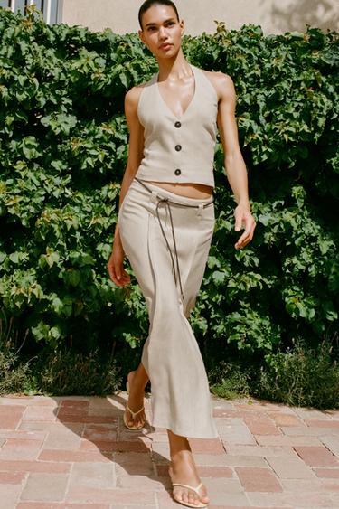 Linen Blend Midi Skirt With Belt