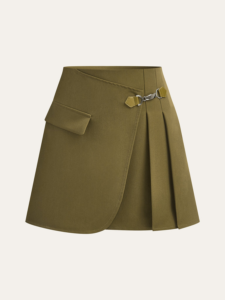 Pocketed Wrap Pleated Skirt
