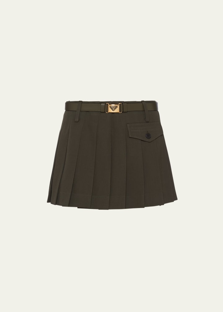 Pleated Gabardine Leather Belted Mini Skirt