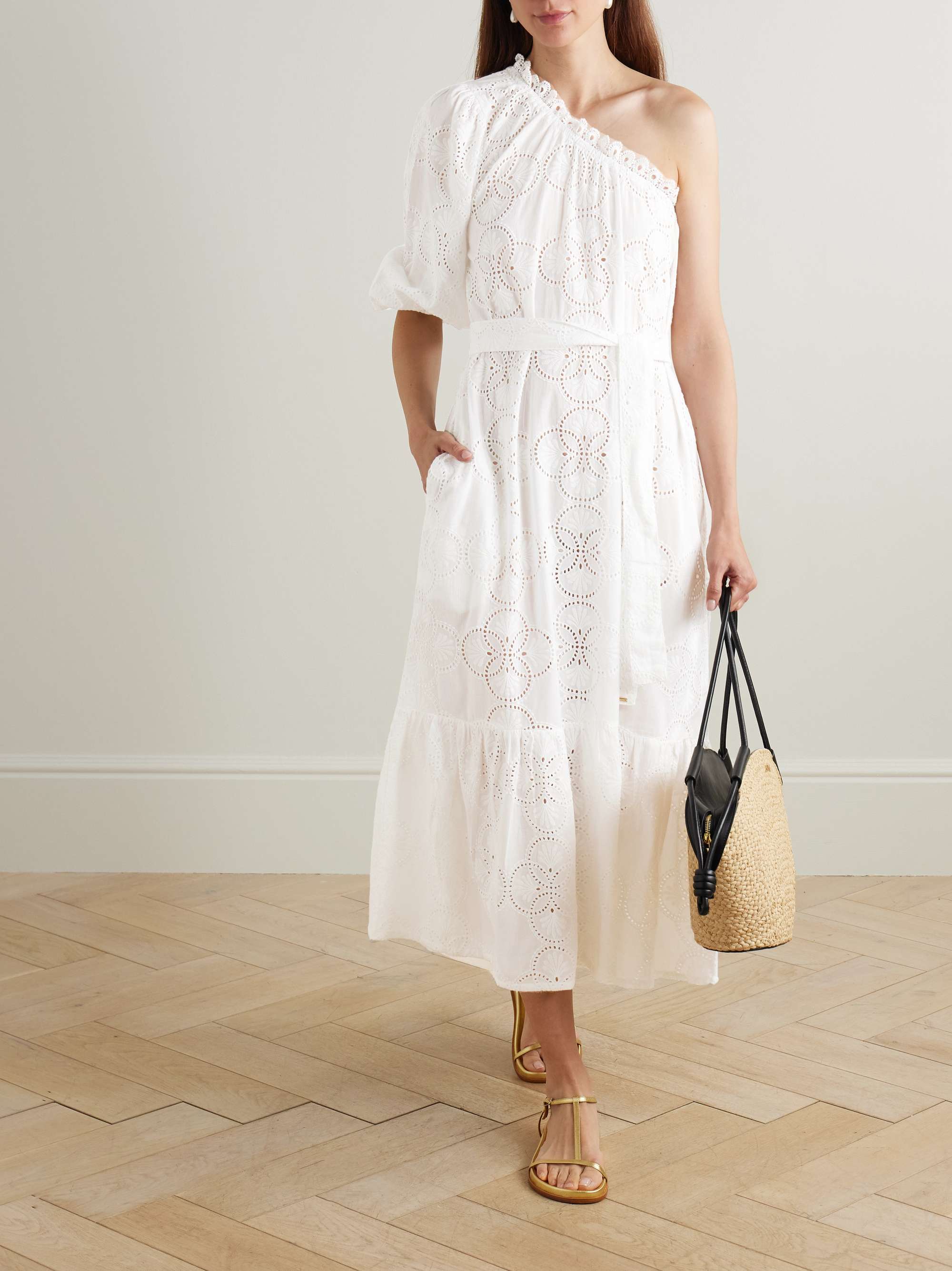 Autumn One-Shoulder Broderie Anglaise Cotton Midi Dress
