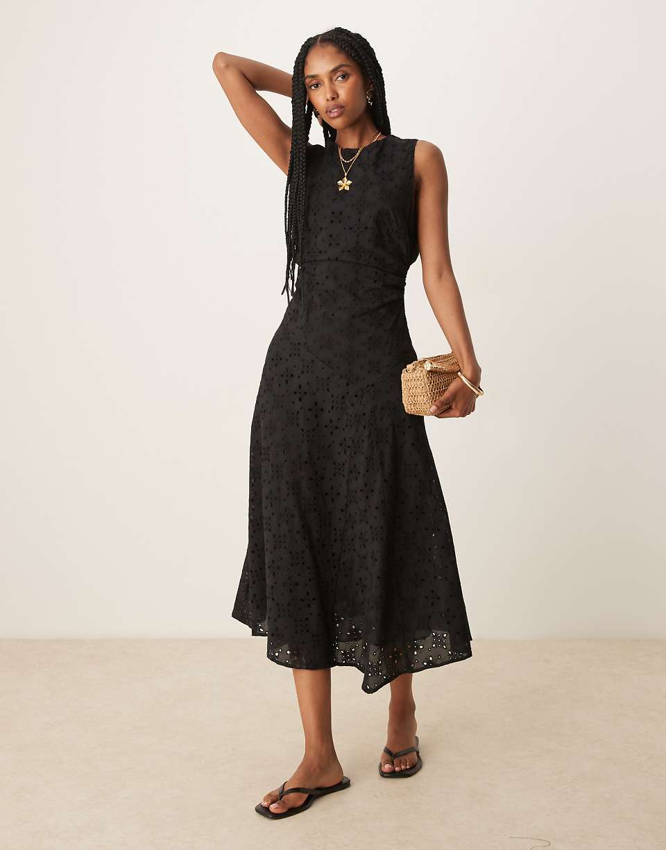 Mango Broderie Gathered Cinch Waist A-Line Dress With Cut Out Back Detail in Black