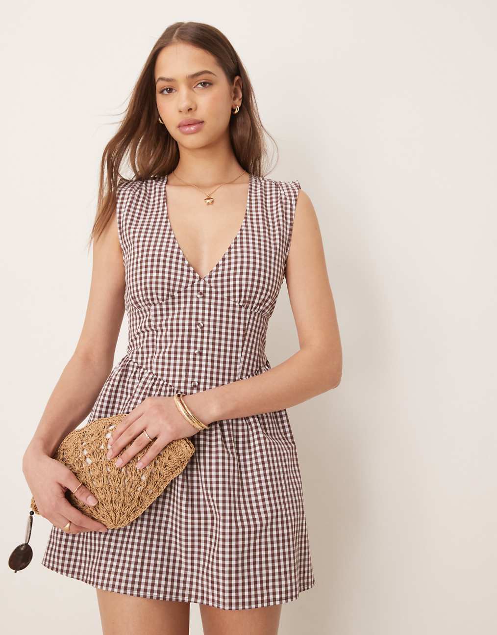 Asos Design V Neck Waisted Button Down Mini Dress in Chocolate Gingham
