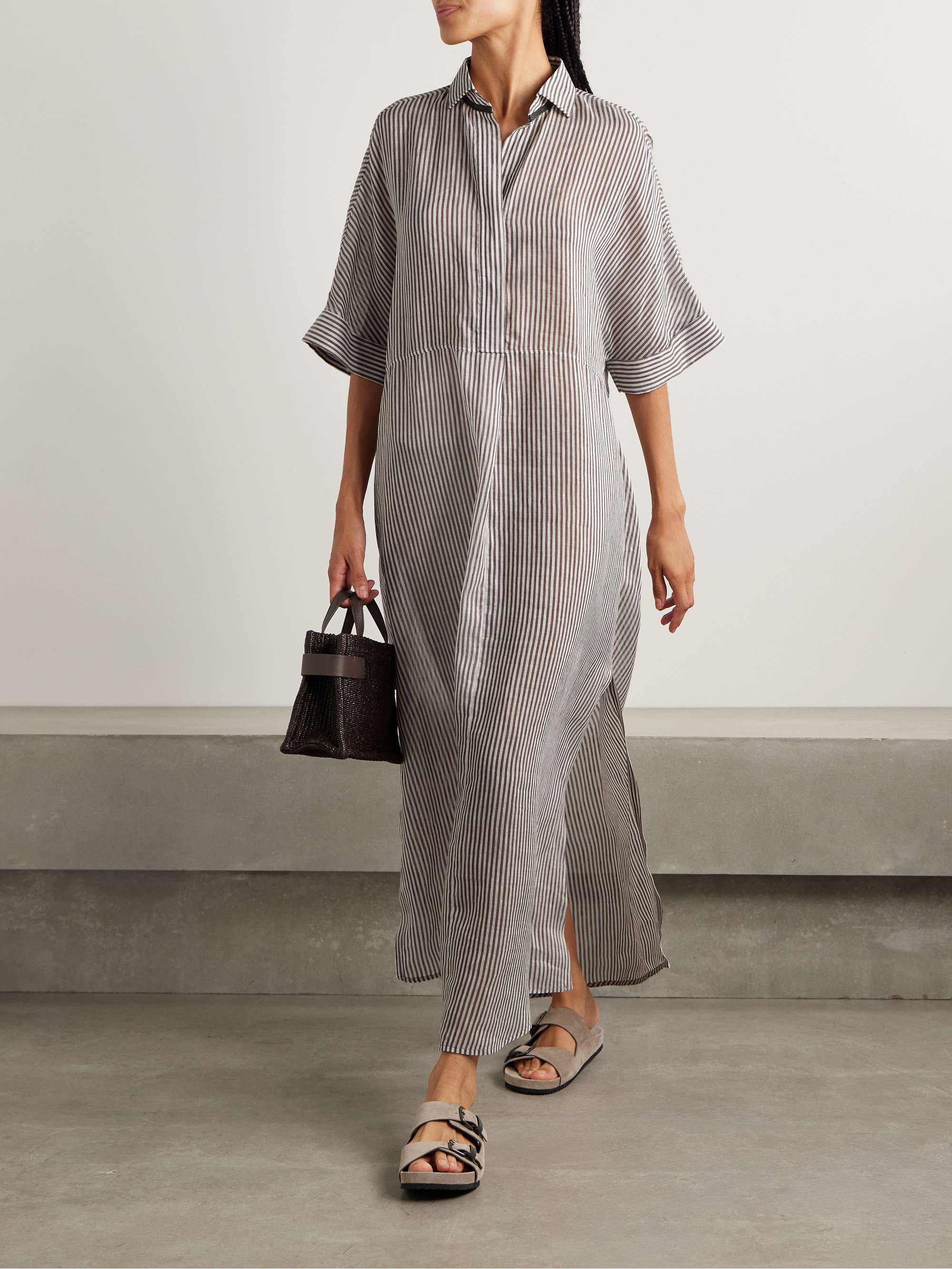 Oversized Bead-Embellished Striped Linen and Silk-Blend Organza Maxi Shirt Dress