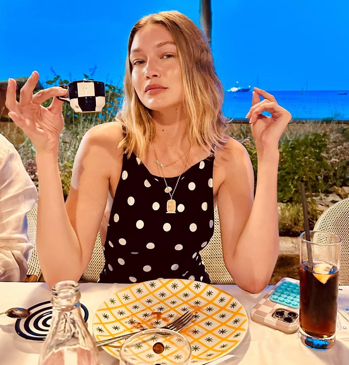 Gigi Hadid wears a polka-dot dress