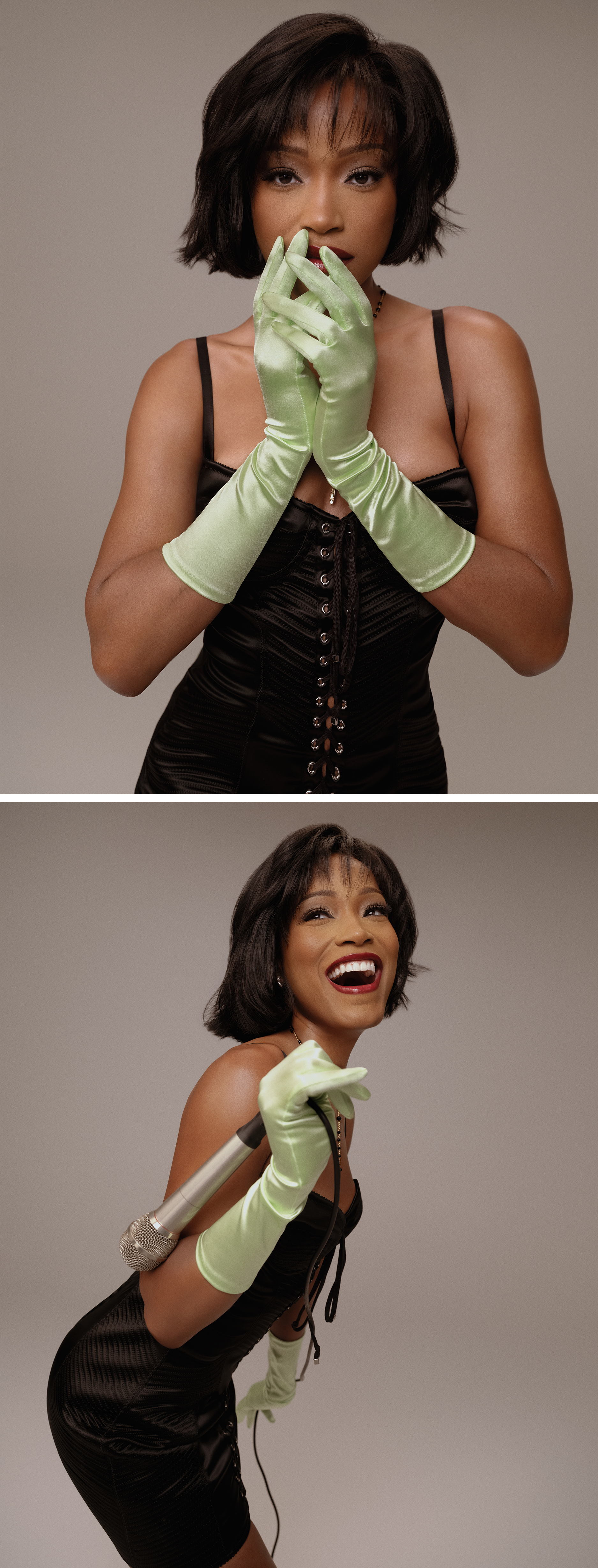 Keke Palmer channels Whitney Houston for Who What Wear's July cover story. She is wearing a black bustier dress that laces up the front with green gloves.