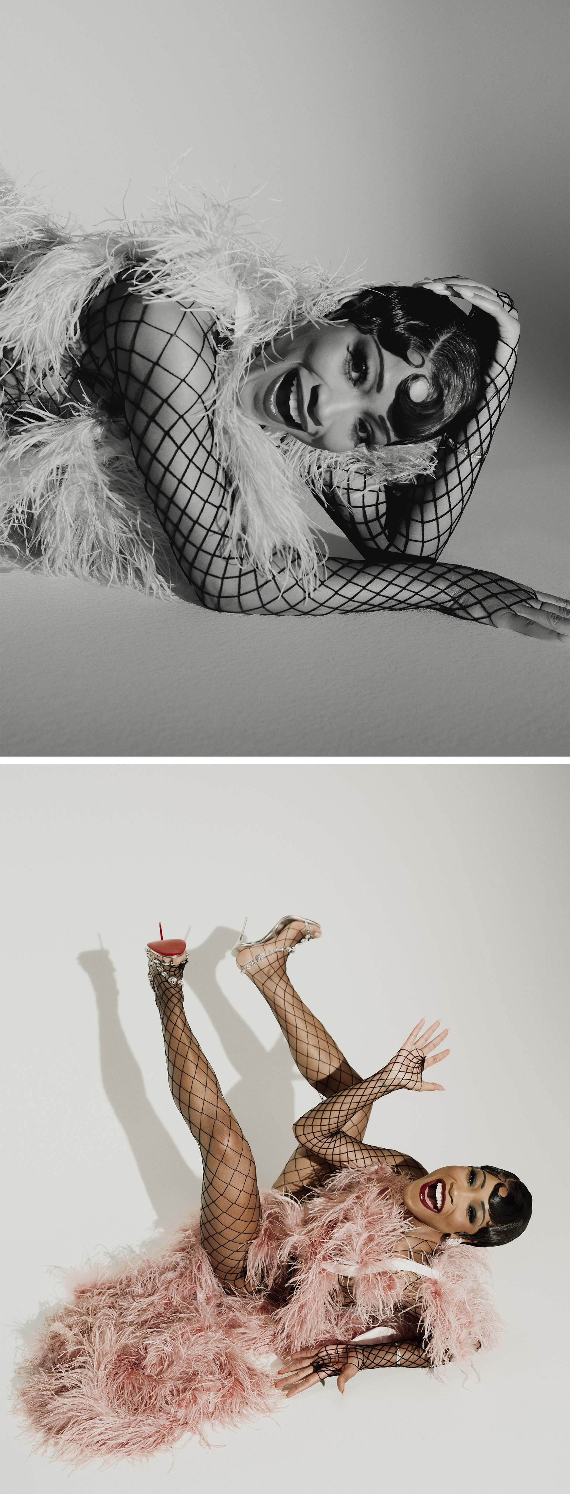 Keke Palmer references Josephine Baker for Who What Wear's July cover story. She is wearing a pink feather dress with fishnet bodysuit underneath.