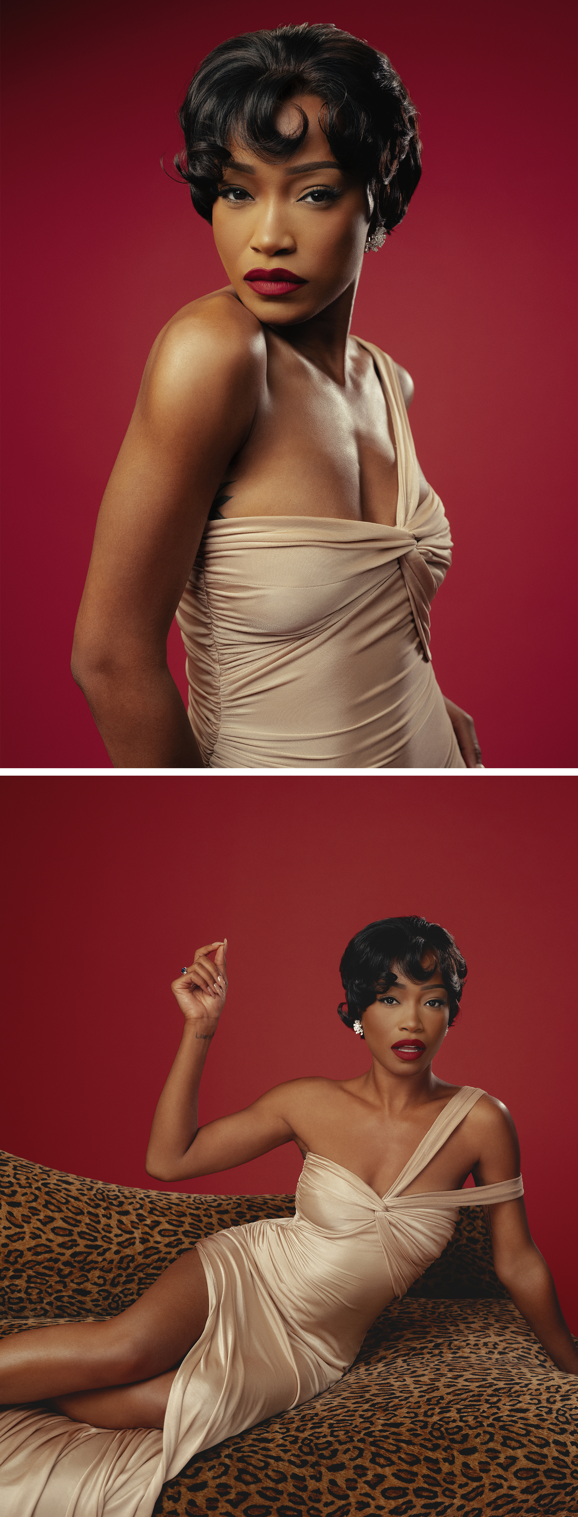 Keke Palmer references Eartha Kitt for Who What Wear's July cover story. She is wearing a one-shoulder champagne gown. Her hair is short, and she is sitting on a leopard-print chaise.