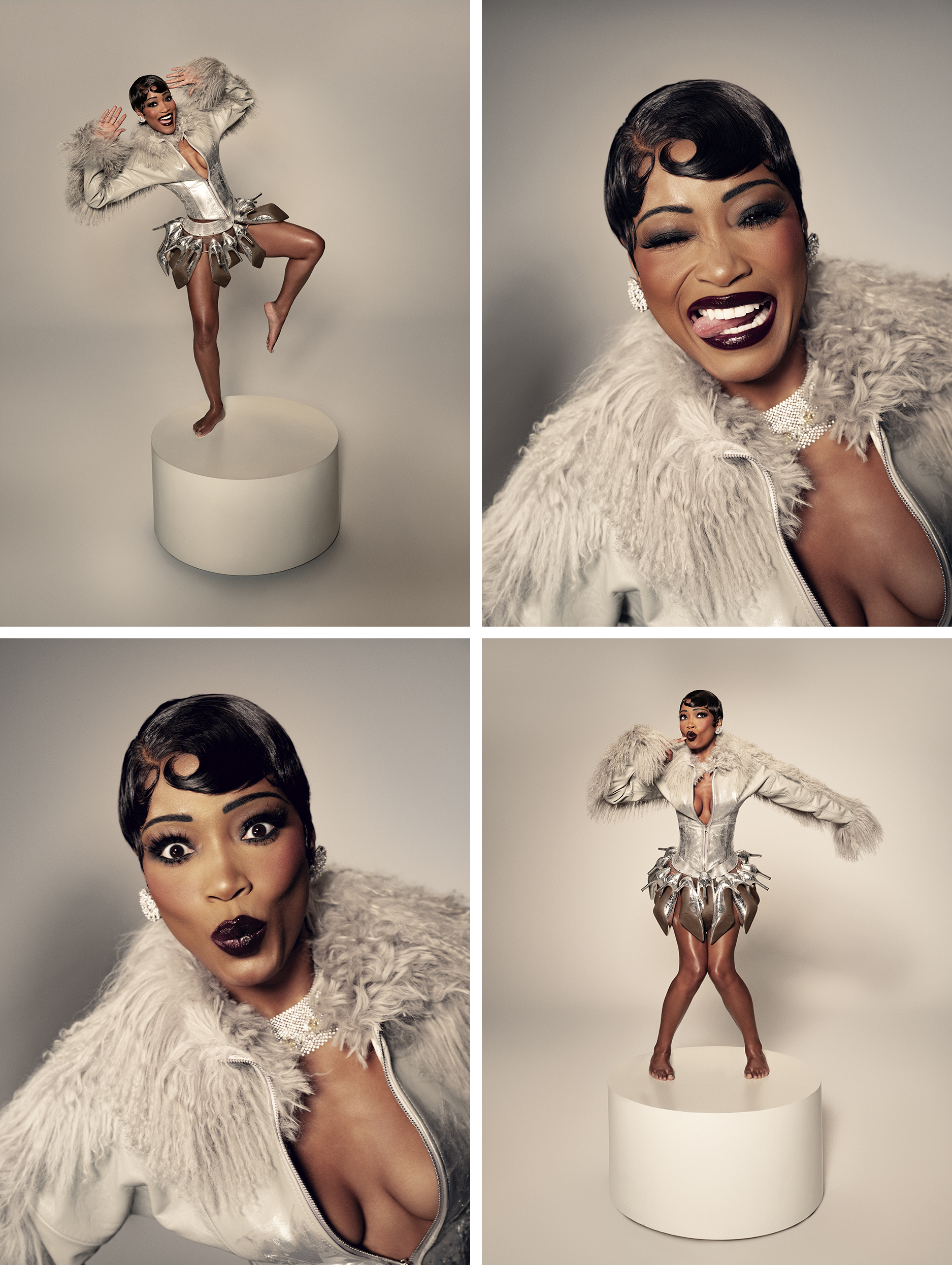Keke Palmer references Josephine Baker for Who What Wear's July cover story. There is a grid featuring four images. She is making funny faces in two of the images and dancing on a round white pedestal in the other two images. She is wearing a silver metallic jacket with faux fur trim and a skirt made up silver pumps, an homage to Baker's iconic banana skirt.