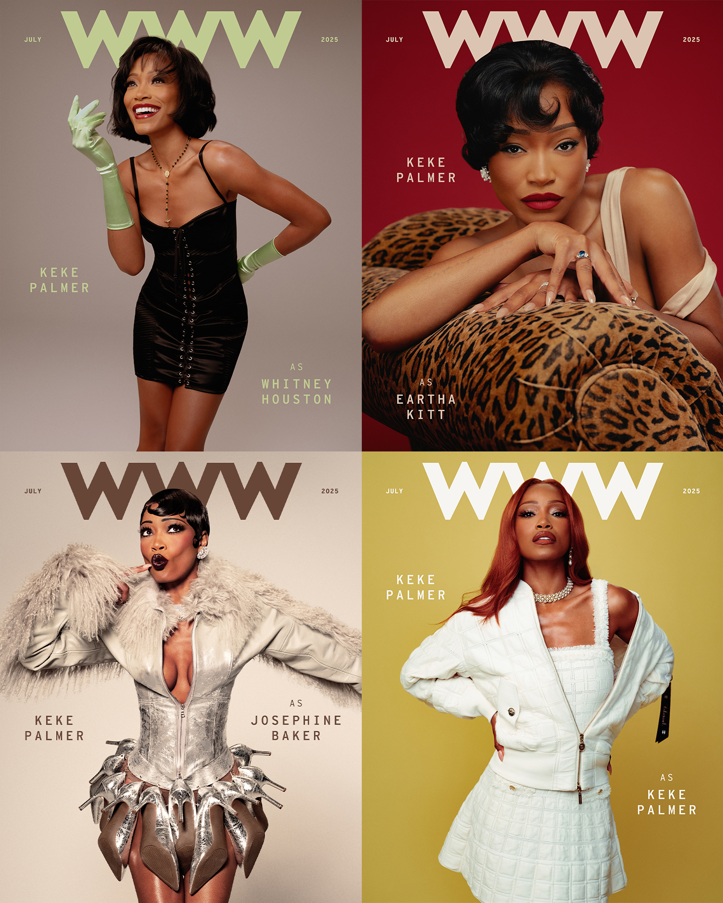 A grid featuring four different Keke Palmer covers for July. Top left, Palmer is referencing Whitney Houston. Top right, Palmer is referencing Eartha Kitt. Bottom left, Palmer is referencing Josephine Baker. Bottom right, Palmer is herself.
